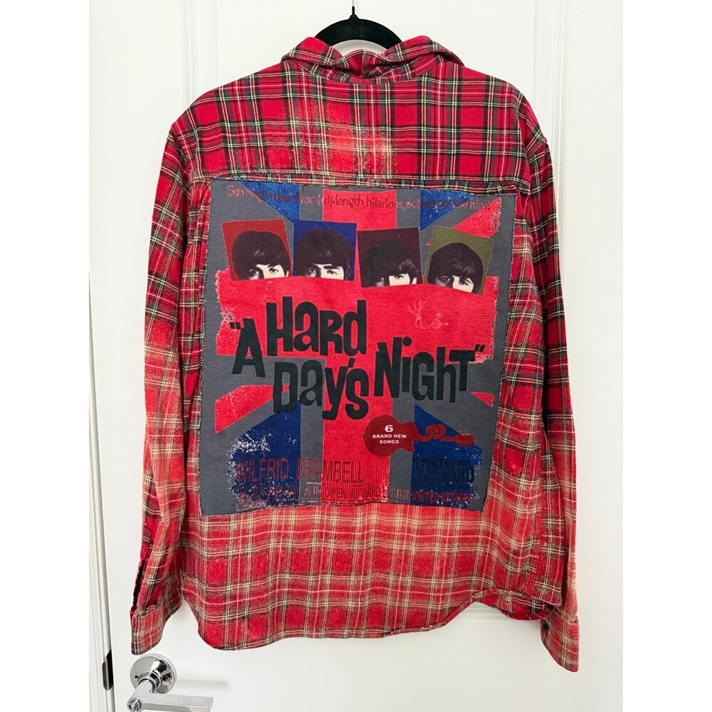 OOAK Upcycled Bleached Flannel Shirt Custom Beatles Back Patch